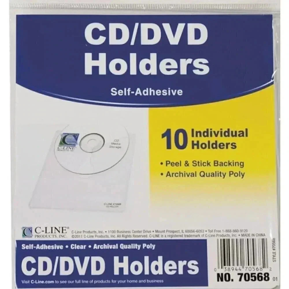 C-Line Self-Adhesive CD Holder, 1 Disc Capacity, Clear, 10/Pack